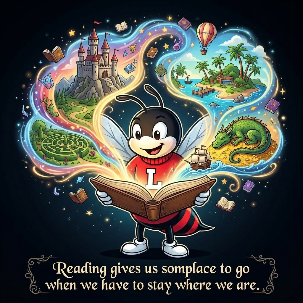 Graphic of Hornet opening a book to reveal castles, dragons, islands, etc. with the text, 